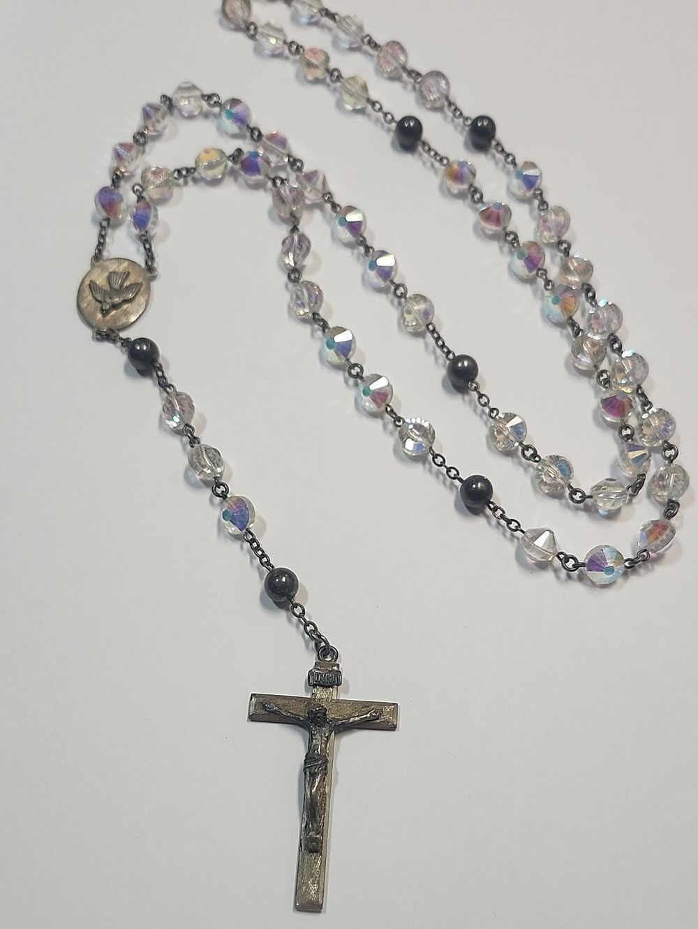 Sterling Silver 925 Vintage Crystal Rosary Necklace - Iridescent Clear Beads